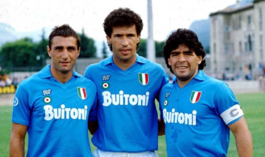 Giordano con Careca e Maradona nella stagione successiva alla vittoria dello Scudetto con il Napoli